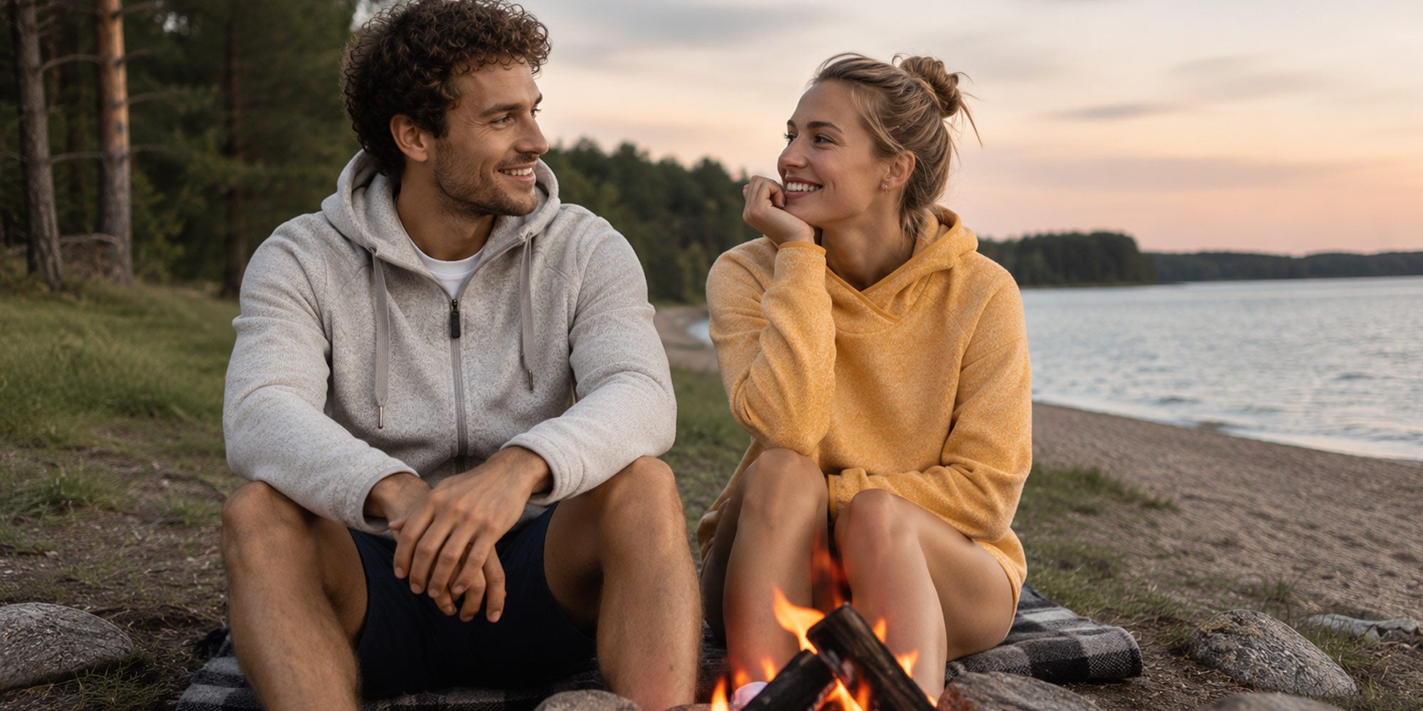 Paar sitz am Lagerfeuer an einem See. Er trägt Fleece "Lagerfeuer", sie den Fleece "Maleben"