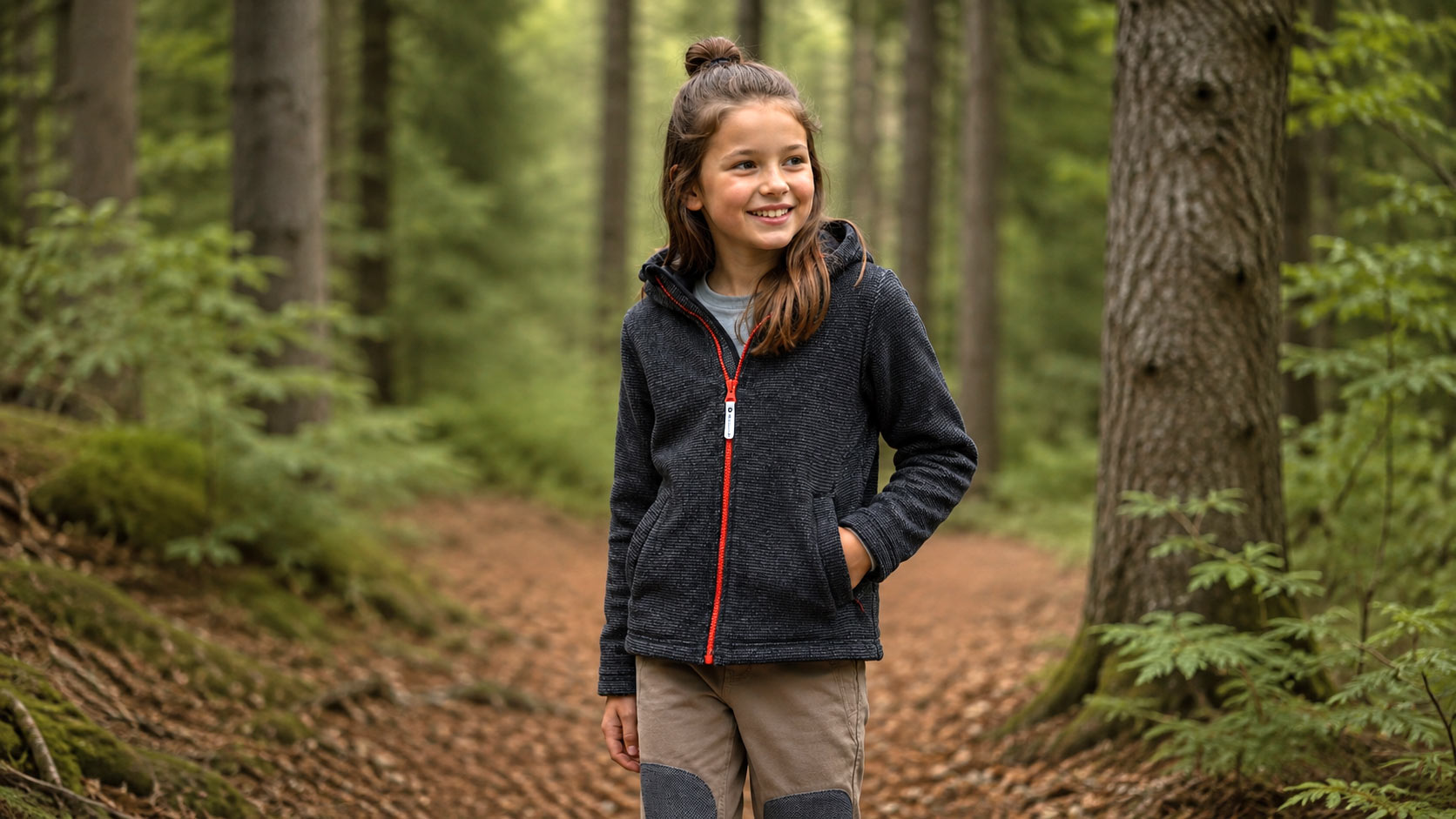 Mädchen mit Fleecjacke im Wald