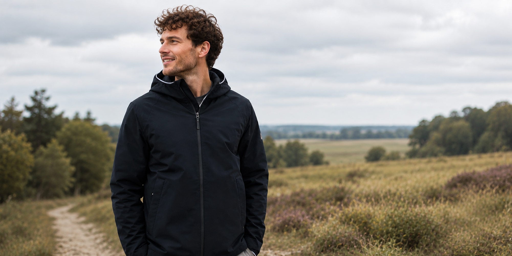 Mann mit Übergangsjacke "Urban Style" spaziert durch die Heide