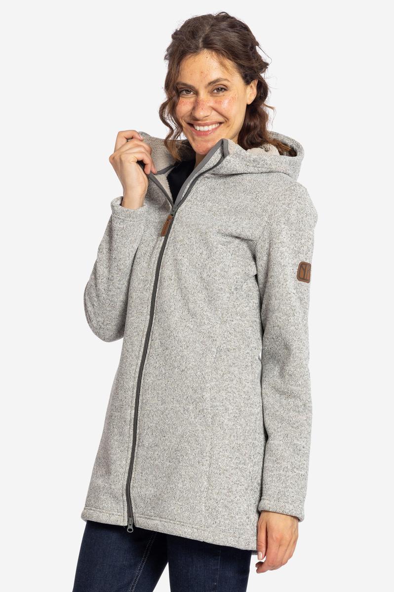 MORNING DEW Damen Fleecemantel in Khaki am Model