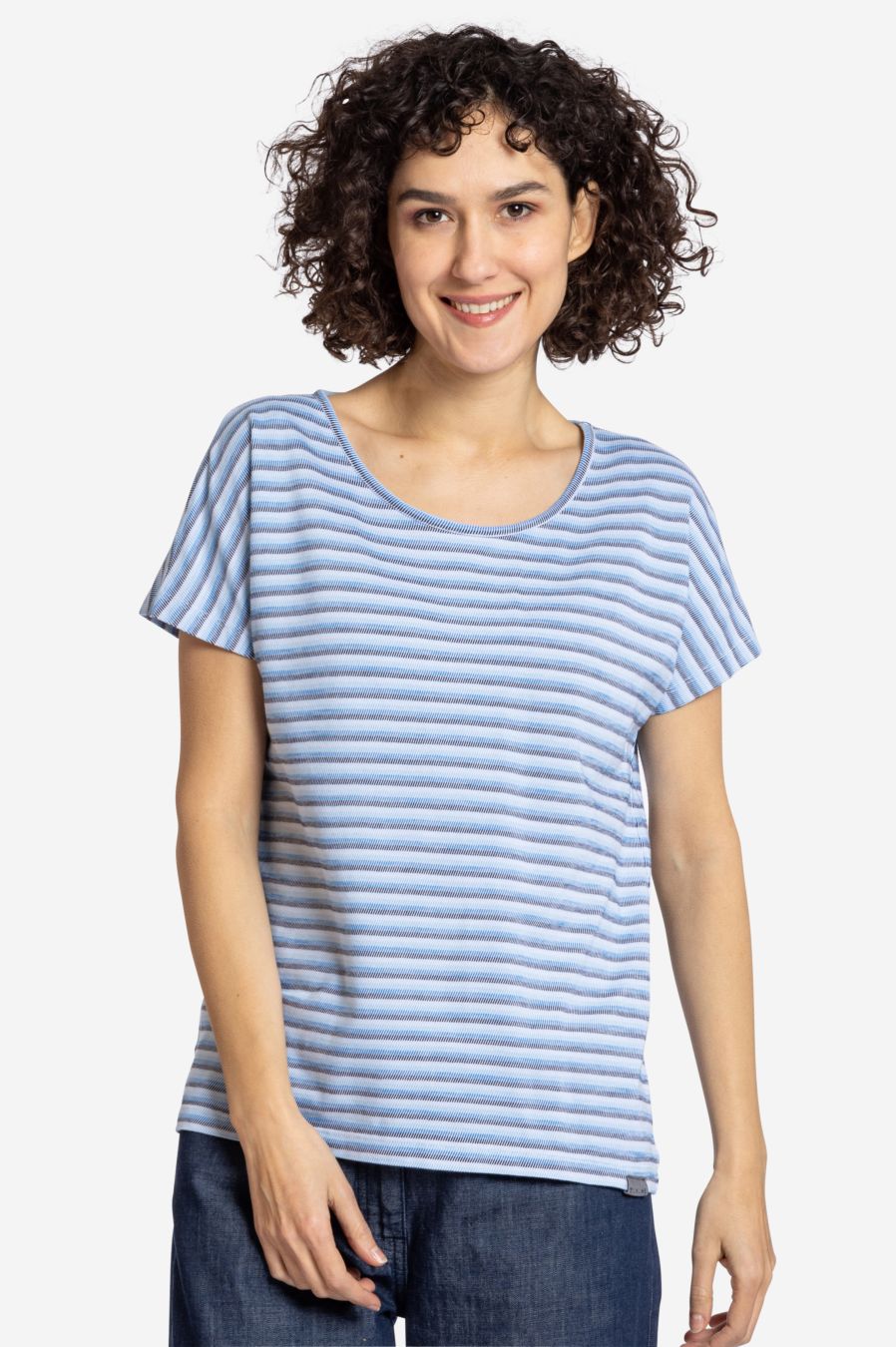Dunkelblaues T-Shirt mit weißen Streifen und angeschnittenen Ärmeln von Elkline